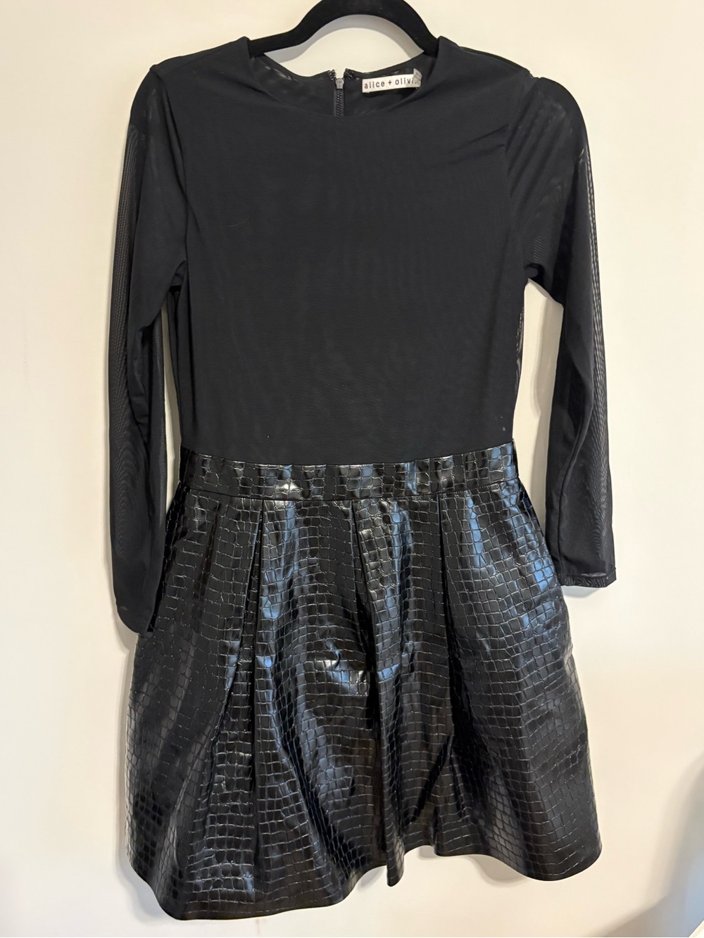 Alice + Olivia Black Long-Sleeve Dress with Faux Croc Skirt